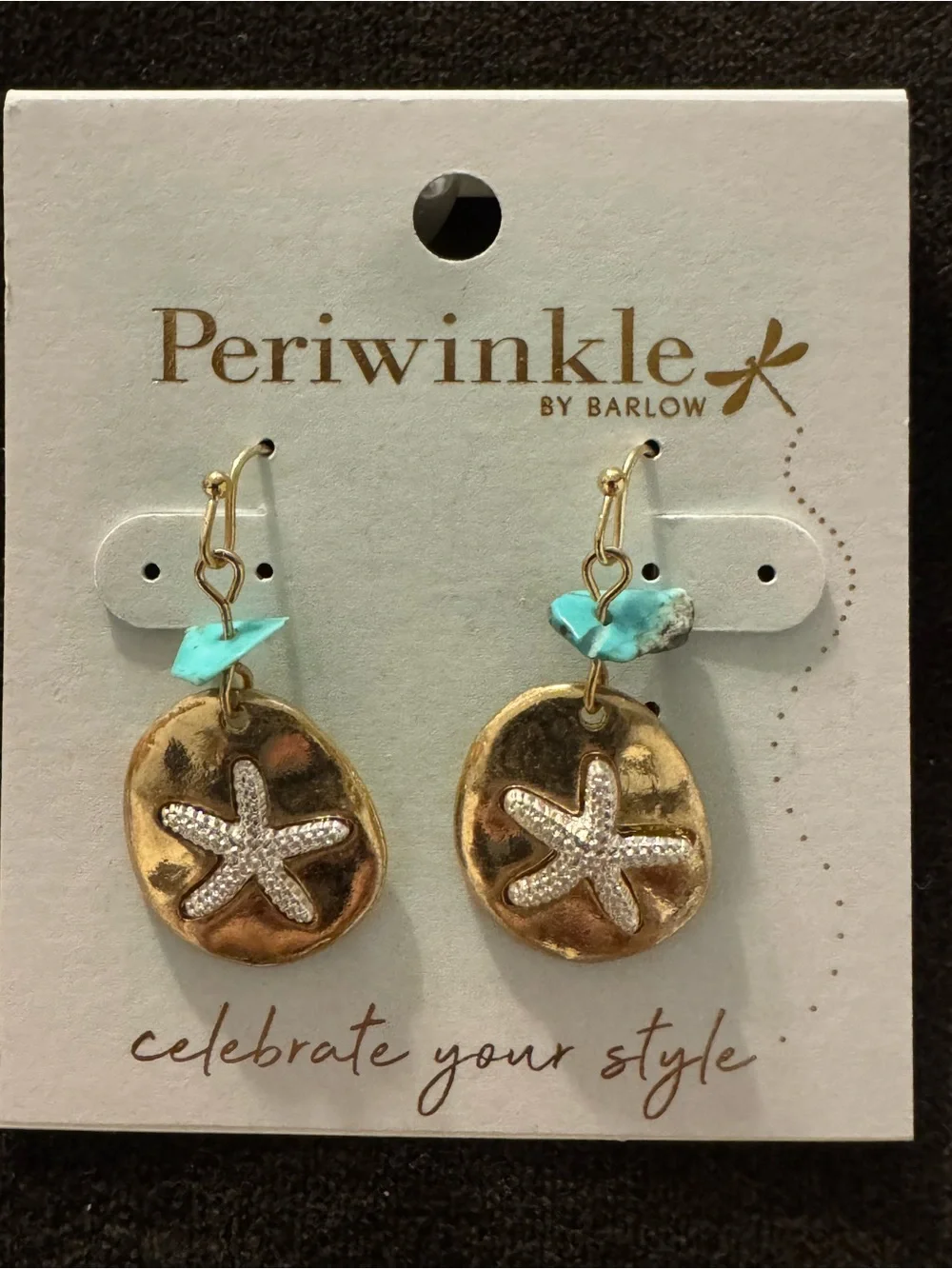 0449-Periwinkle by Barlow Gold Starfish‎ Drop Earrings with Turquoise Accent